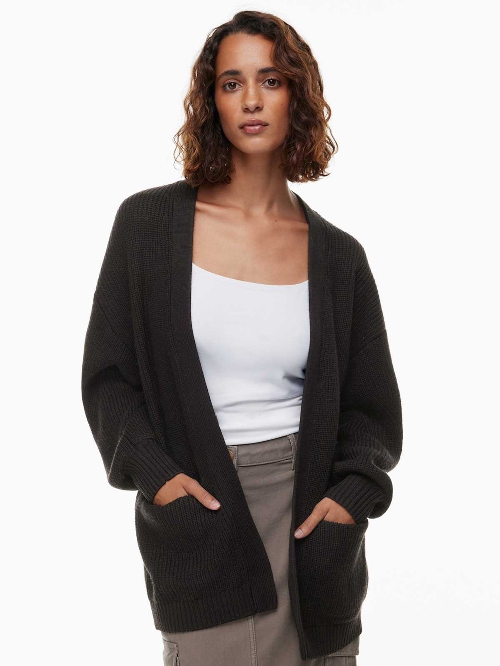 Wilfred Free Unwind Cardigan Black Merino Wool Open Pockets - Medium